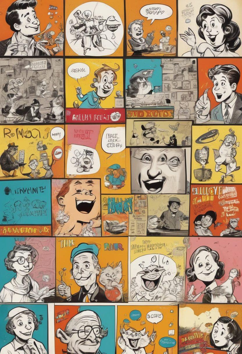 A vibrant collage showcasing the evolution of visual humor: the left side features classic comic strips with bold lines and colorful characters, transitioning to the right side which showcases animated cartoon scenes filled with dynamic action and expressive characters. Include elements like speech bubbles and playful doodles to add humor and context. The background should be a blend of warm colors representing joy and creativity. super-realistic. vibrant colors. whimsical style.