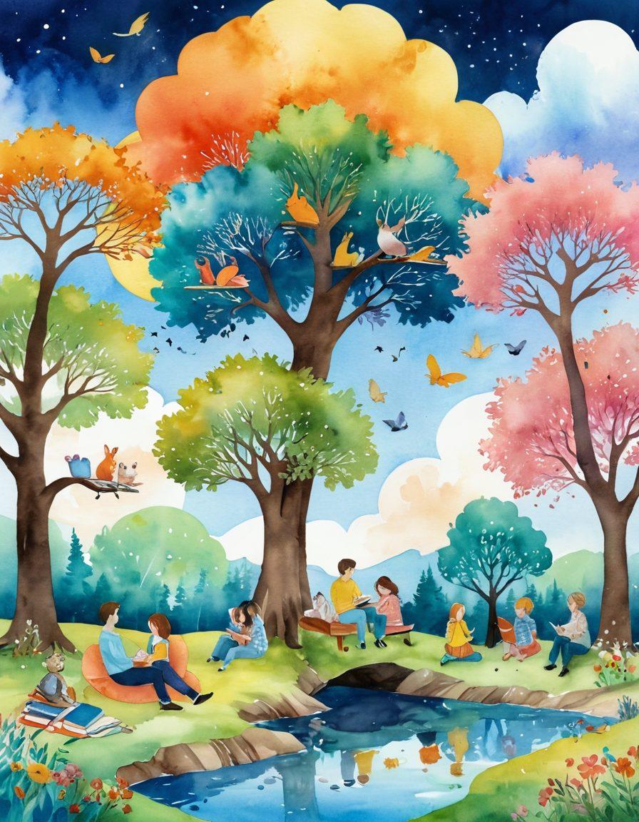 A vibrant, whimsical landscape filled with playful, fantastical creatures and exaggerated proportions, depicting a joyful scene of storytelling. Illustrate a group of friends sharing laughs, surrounded by floating books and colorful trees, all under a sky painted in pastel hues. Incorporate hand-drawn elements that accentuate the charm and lightheartedness of the illustrations. The composition should evoke a sense of warmth and imagination. watercolor style. bright colors. whimsical.