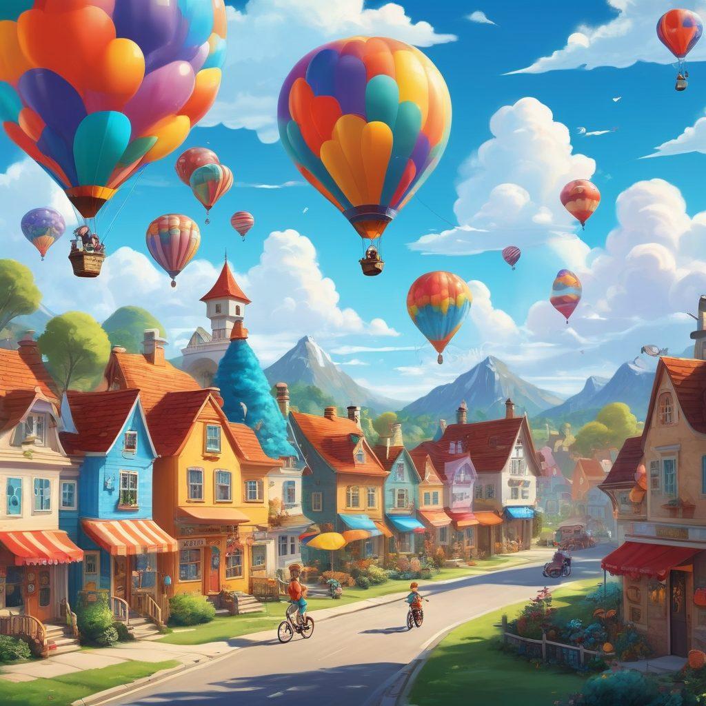 A vibrant, colorful scene depicting a lively cartoon town filled with unique animated characters engaged in various activities, such as riding bikes, painting, and reading comic strips. Include whimsical elements like oversized mushrooms and floating balloons to enhance the playful atmosphere. The sky is bright blue with fluffy clouds, inviting imagination and joy. Illustrate in a playful, bold style that captures the essence of animated cartoons. vector art. vibrant colors.